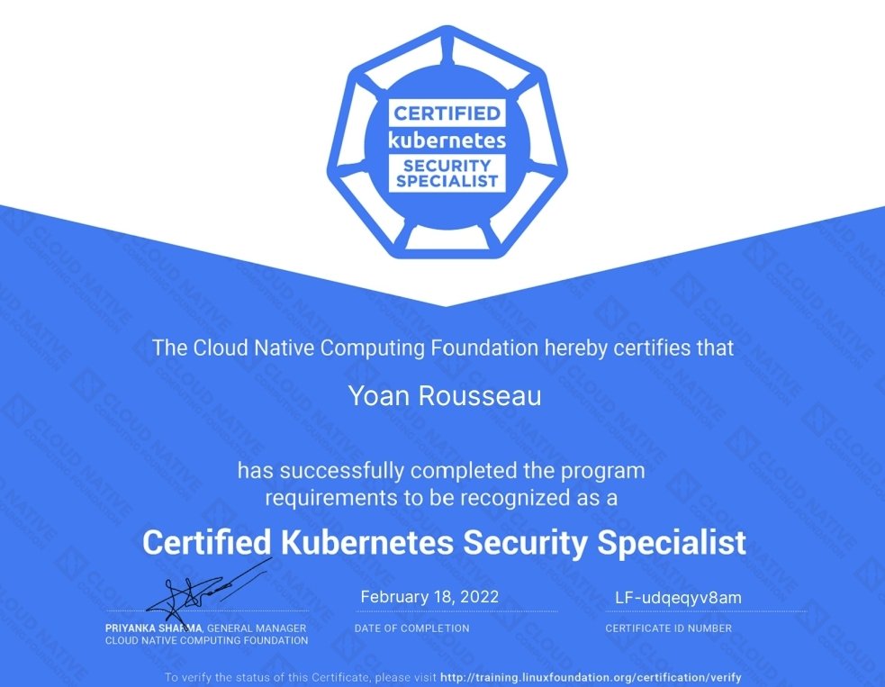 Et la bonne nouvelle pour terminer la semaine, je viens de valider la Kubernetes Security Specialist 🔐de la <a href="/CloudNativeFdn/">CNCF</a> 🤩🥳
On va pas se mentir c'était pas la plus simple! 
#cks #kubernetes #security