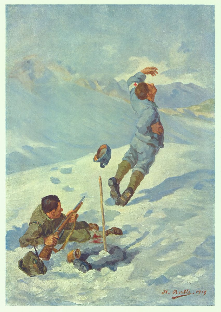andyblanck1's tweet photo. truthful painting by H. #Bertle depicting the historically documented episode that took place on June 9, 1915 near Presena Lakes, #Adamello, #ww1italianfront. The medical foreman Mayer is killed treasonously by a wounded alpine who tried to medicate him.
#ww1painters
#ww1WhiteWar https://t.co/Jyycap82SP
