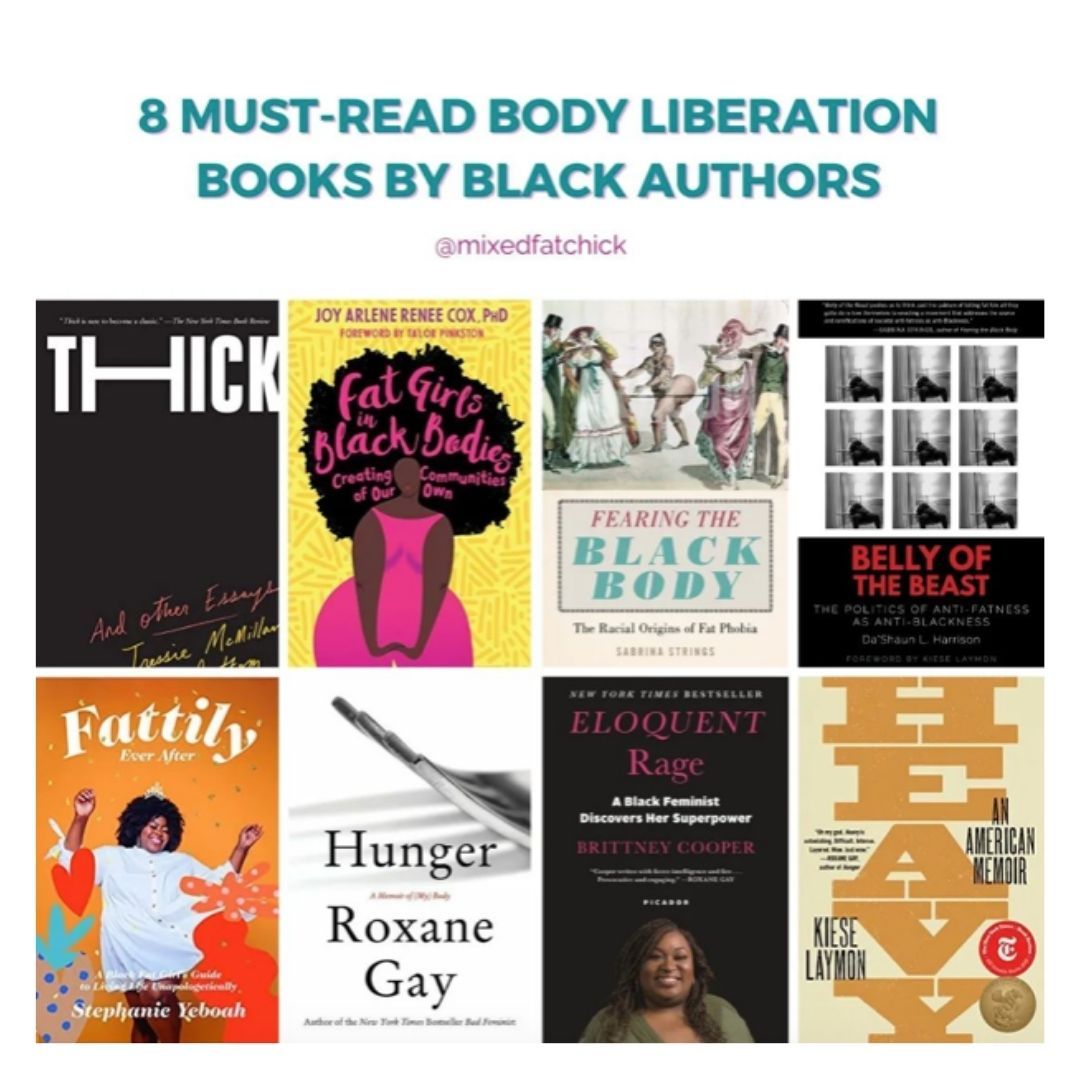 BodyTrustCenter's tweet photo. RP @MixedFatChick ❤️
In honor of Black History Month, I want to highlight some of the very best books on body lib by Black authors who share their stories at the intersections of fatness, disability, gender, &amp; as survivors of eating disorders &amp; body shame. https://t.co/qkiJYAZ6xo https://t.co/zd32wcTDo3