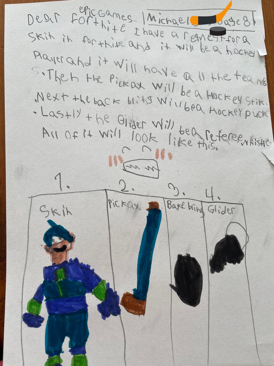 gatewayyoga's tweet photo. @FortniteGame Any chance of your Concept Royale coming this year? My son has an idea for a skin and wrote out his concept for you! @NHL  @HockeyCanada #nhl #HockeyCanada #Fortnite #BattleRoyale https://t.co/uxImUfq8Iu