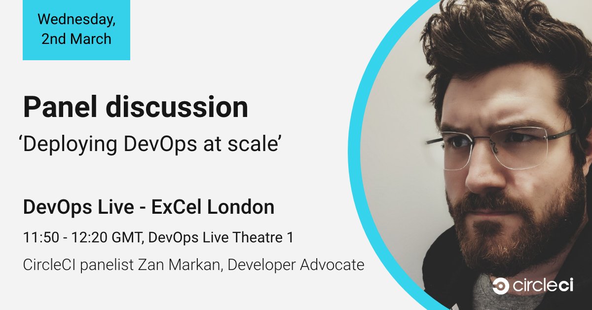 CircleCI's tweet photo. How do you deploy DevOps at scale? Join our own @zmarkan at this year’s @DevOpsLive_ as he takes part in a panel discussion detailing the strategies for developing the culture, skills and training needed to communicate the benefits of #DevOps across the workforce #DOL22 https://t.co/r1vKuNMeTh