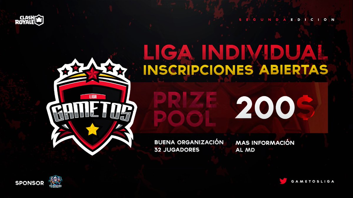 INSCRIPCIÓNES ABIERTAS 💥

👤 |  Liga Individual
💰 | Prizepool - 200 usd 
#️⃣ | 32 participantes 

⭐ | Les traemos nuestra segunda edición individual, también pueden representar a un equipo u organización, todos los detalles por Interno ✉️

🔥 | Te esperamos 

#GametosCup