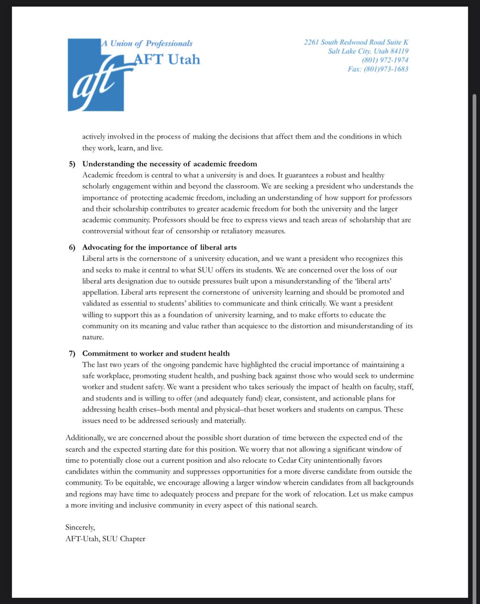 AftSuu's tweet photo. We would like to thank the Faculty Senate for their insights into the #suutbirds presidential search. We echo their requests, and add a few of our own. 
#aftutah #aft #suu #sharedgovernance https://t.co/IJE3LBIqjT