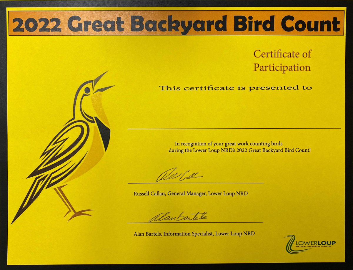 Children taking part in the LLNRD's Great Backyard Bird Count will receive a personalized certificate signed by General Manager Russ Callan – sure to be a collector's item! OK, adults can have one, too. We'll also hand out LLNRD swag! #llnrd #lowerloupnrd #cornelllabofornithology