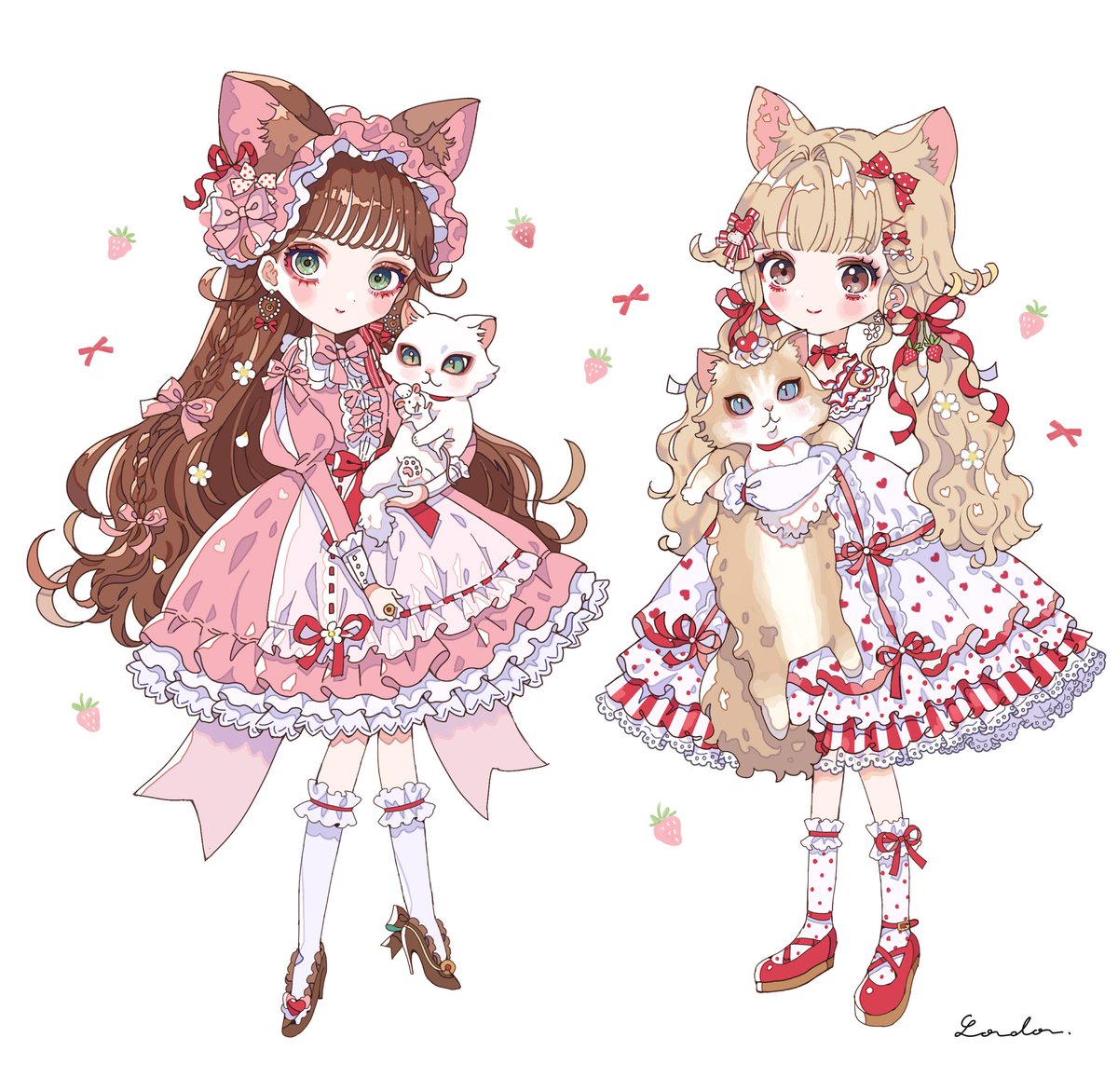 multiple girls 2girls animal ears dress cat lolita fashion brown hair  illustration images