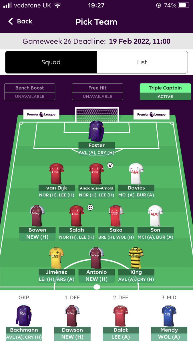 FplWinks's tweet image. -8 locked in 🔒

Ronaldo -&amp;gt; Jiminez 
Bernardo -&amp;gt; Saka
Jota -&amp;gt; Salah
Cancelo -&amp;gt; Van Dijk 

Triple captain: Salah 

Gunna be a big week 🥵