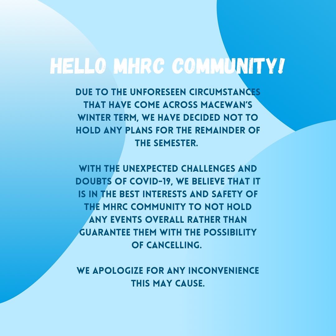 MacEwanHRC's tweet photo. We appreciate everyone’s support &amp; patience with MHRC this year, but we have unfortunately come to a decision.

We look forward to seeing &amp; being with everyone in the new year, if circumstances permit. 

Have a safe reading week &amp; we will see you all soon! 

MHRC 2021-2022 https://t.co/g1BTY8PETI