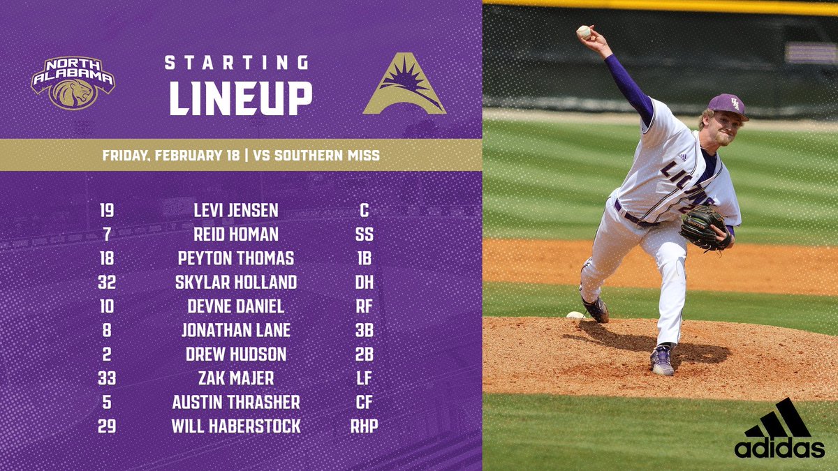 UNABaseball's tweet photo. Game 1 starting lineup vs Southern Miss! First pitch is at 4:00‼️#roarlions https://t.co/kGicGyETc2