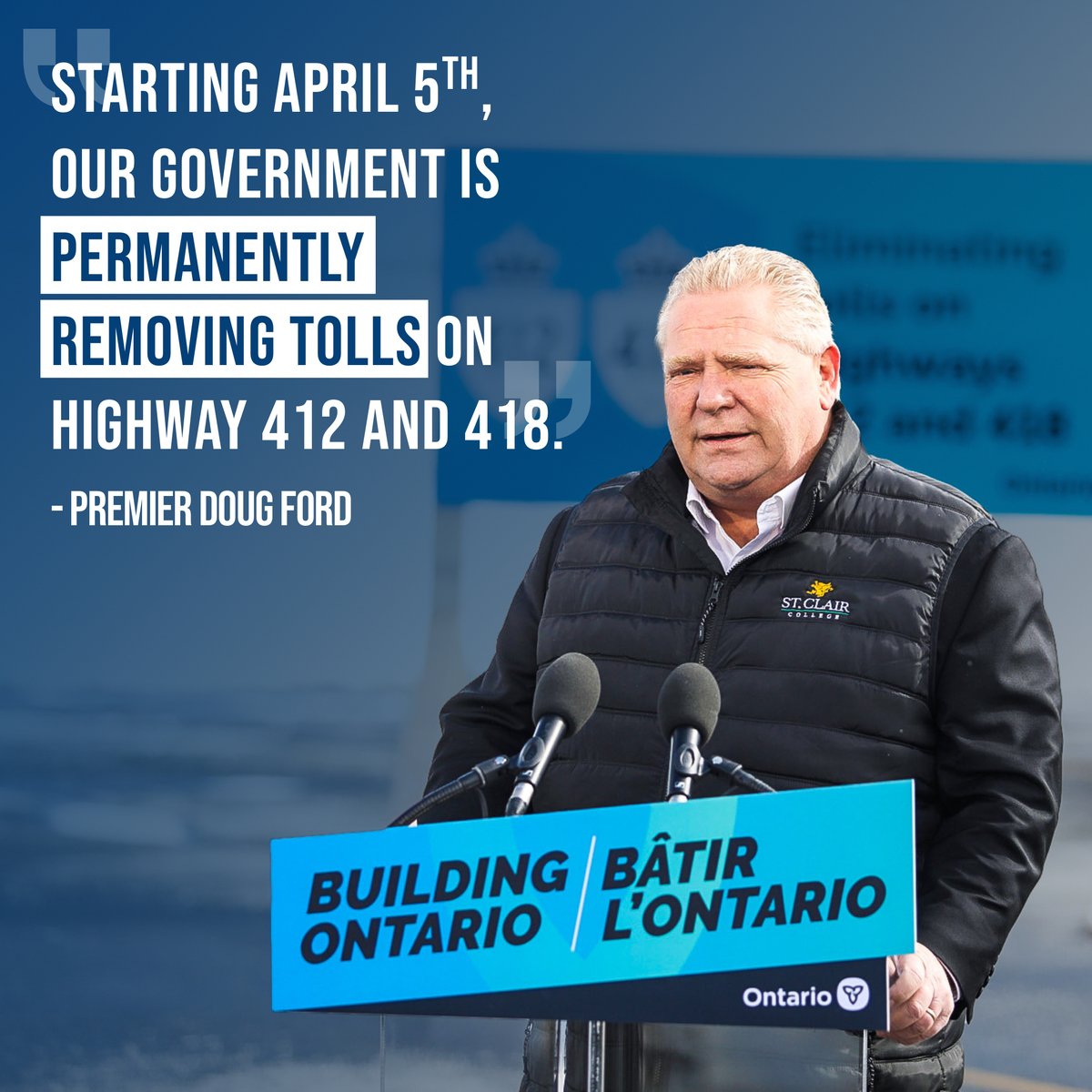 Paying to use Highways 412 &amp; 418 is an extra burden the previous government added for drivers in #Durham. It’s costly, unfair, and while the Liberals were fine with that, we aren’t.

Removing these tolls &amp; putting money back in the pockets of Ontarians is the right thing to do.