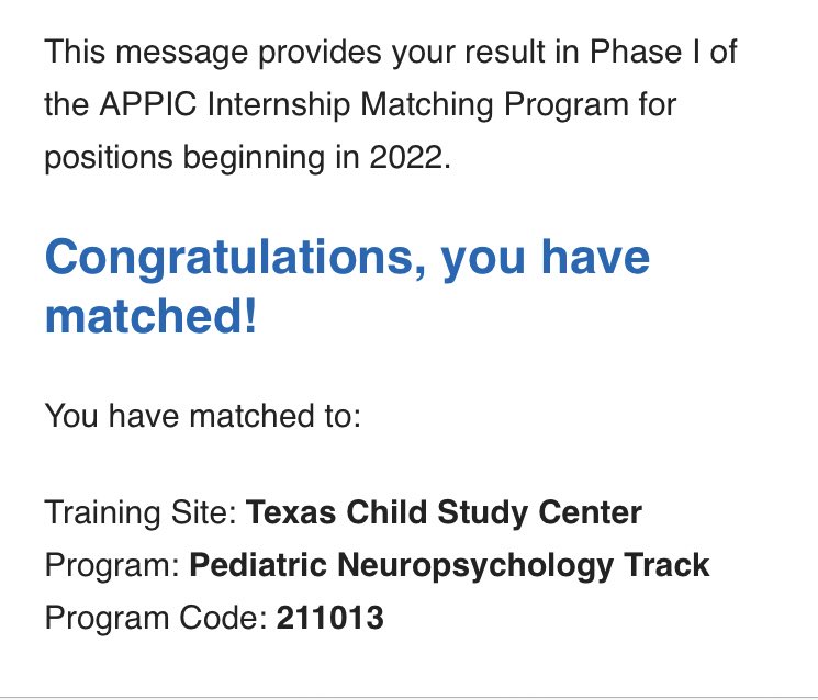 Clarissa Shields, M.A. (@cvshields) on Twitter photo Incredibly excited to have matched at Texas Child Study Center/<a href="/dellchildrens/">Dell Children's</a> on the Pediatric Neuropsychology Track in Austin, TX!!!
Can’t wait to continue my training journey of becoming a pediatric neuropsychologist! #APPIC #MATCHDAY #NeuroTwitter 💖 Incredibly excited to have matched at Texas Child Study Center/<a href="/dellchildrens/">Dell Children's</a> on the Pediatric Neuropsychology Track in Austin, TX!!!
Can’t wait to continue my training journey of becoming a pediatric neuropsychologist! #APPIC #MATCHDAY #NeuroTwitter 💖