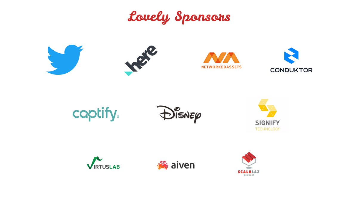 Scala Love ❤️ (@scala_love) on Twitter photo Thank you to our wonderful sponsors! Your generosity makes #ScalaLove awesome! ❤️
<a href="/Twitter/">Twitter</a> <a href="/here/">HERE Technologies</a> <a href="/NetworkedAssets/">NetworkedAssets</a> <a href="/getconduktor/">Conduktor</a> <a href="/Captify/">Captify®</a> <a href="/WaltDisneyCo/">The Walt Disney Company</a> <a href="/Signify_Tech/">Signify Technology</a> <a href="/VirtusLab/">VirtusLab</a>
<a href="/aiven_io/">Aiven</a> <a href="/ScalalazPodcast/">Scalalaz Podcast</a> Thank you to our wonderful sponsors! Your generosity makes #ScalaLove awesome! ❤️
<a href="/Twitter/">Twitter</a> <a href="/here/">HERE Technologies</a> <a href="/NetworkedAssets/">NetworkedAssets</a> <a href="/getconduktor/">Conduktor</a> <a href="/Captify/">Captify®</a> <a href="/WaltDisneyCo/">The Walt Disney Company</a> <a href="/Signify_Tech/">Signify Technology</a> <a href="/VirtusLab/">VirtusLab</a>
<a href="/aiven_io/">Aiven</a> <a href="/ScalalazPodcast/">Scalalaz Podcast</a>