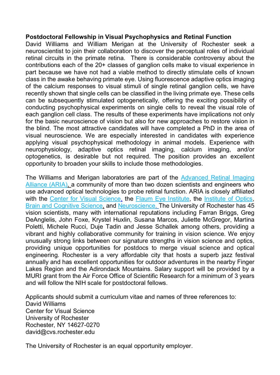 We are hiring a postdoc to combine optogenetics, psychophysics, calcium imaging and adaptive optics to discover the perceptual roles of individual primate retinal ganglion cells in vision! Please RT!