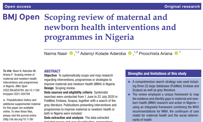 naimanasir's tweet photo. New: scoping review shows most maternal & newborn health interventions in #Nigeria address facility-level #HealthSystem factors & a relative neglect of structural social determinants of health such as #gender inequality. @ade_aderoba @intdevhealth https://t.co/Sl5SWq6xSJ https://t.co/r7n2WhUGxn