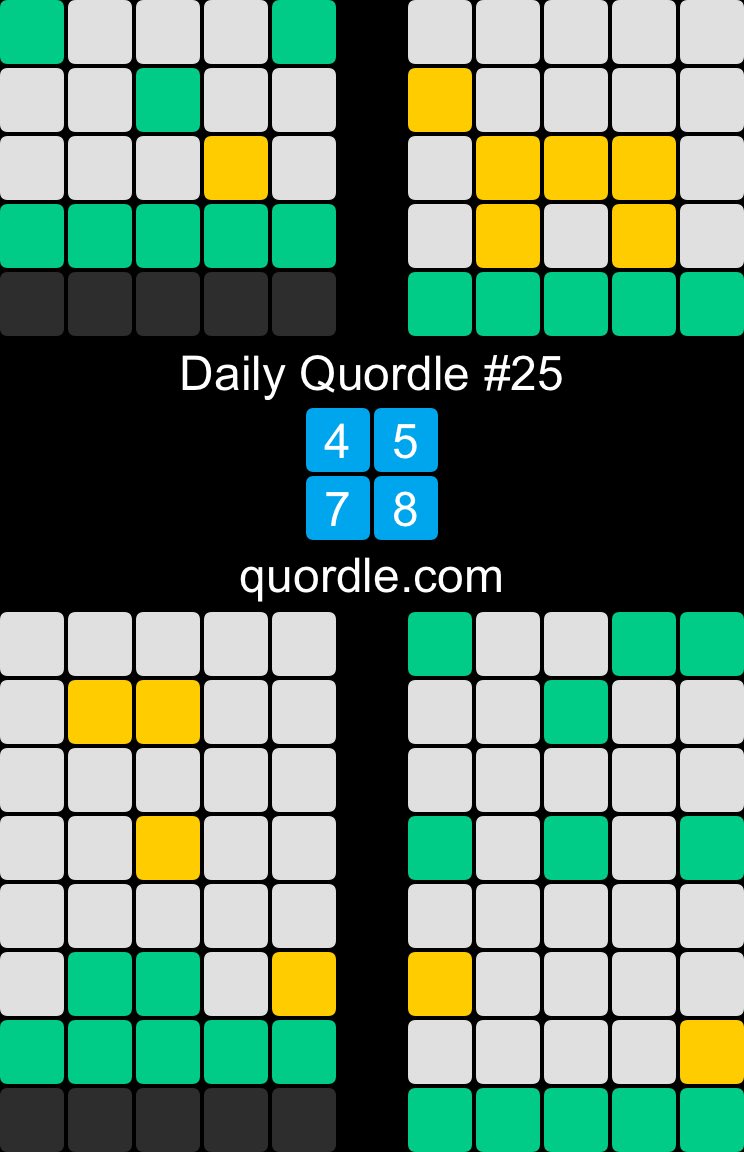 Daily Quordle #25
4️⃣5️⃣
7️⃣8️⃣
quordle.com
