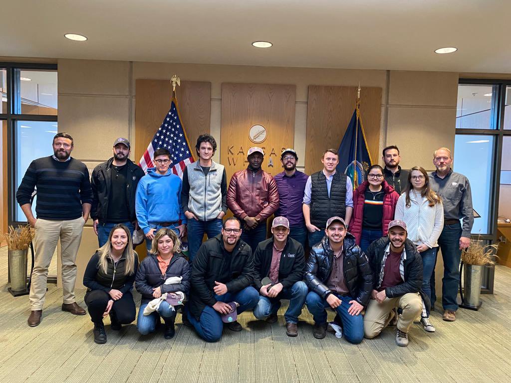 KSUWheat's tweet photo. Thanks @aarhar and @KansasWheat for the exceptional tour to our @KSUWheat research group this morning! Great group of students learning about #wheat farmer-funded research initiatives, history, and opportunities! @KStateAgron #wheatrx https://t.co/n8ngUyacYg