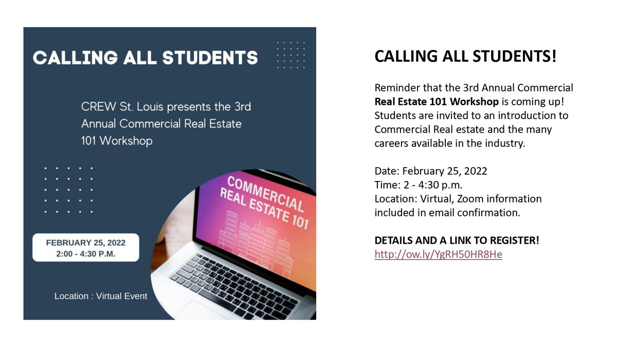 SIUArchitecture's tweet photo. Hey Salukis,

CREW St. Louis is hosting their 3rd annual Commercial Real Estate 101 Workshop. It is a virtual event so any student is invited! Registration and workshop are free! You must register before attending at the link below. See you there!

Link: https://t.co/dSJHmsQdzb https://t.co/F5RPLNWhMN