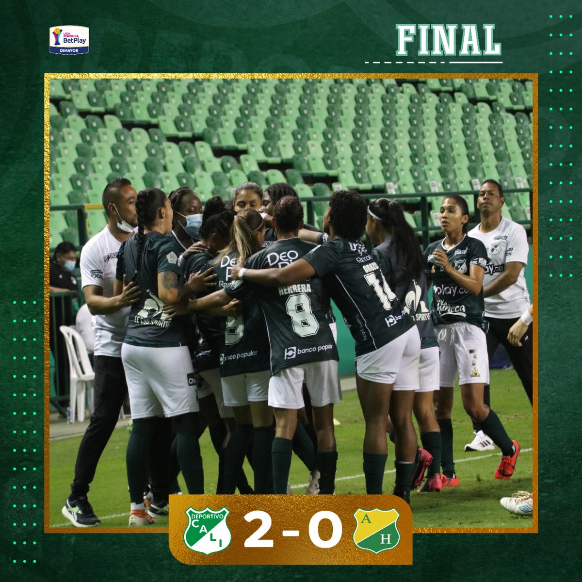 CaliFemenino's tweet image. ⏱️ 90+2' ¡Final del partido! ¡Ganó Deportivo Cali!

Con goles de Ingrid Guerra y Manuela González, las campeonas de Colombia iniciaron con pie derecho su participación en el campeonato.

Cali 2️⃣-0️⃣ Huila

#LigaFemeninaDimayor 🏆
#VamosCali 🇳🇬