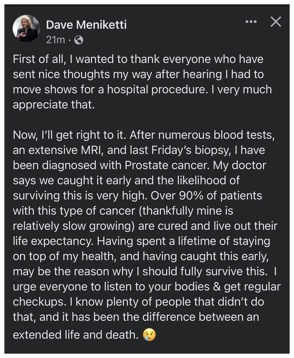 mitchlafon's tweet photo. Y&amp;T’s Dave Meniketti announces he has prostate cancer.

I would like to take this moment to wish him a prompt recovery. Fight the good fight! 🙏❤️ https://t.co/qwQcBB5VBN