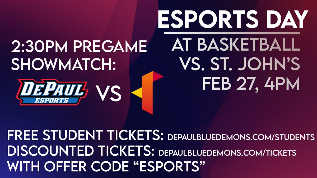 DePaulEsports's tweet photo. We're super excited to announce Esports Day at the @DePaulHoops v. St. John's Basketball Game on Feb. 27, with a showmatch against IIT at 2:30PM CST!
 
Be sure to get tickets here:
Free Student Tix: https://t.co/oBU6KIn0hr
Discount Tickets (Code ESPORTS): https://t.co/loNMeqAIFd https://t.co/MOLNSgjRTt