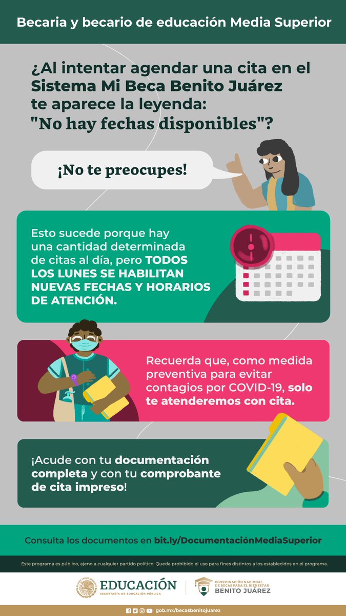 BecasBenito's tweet photo. ⚠️Becaria y becario de Educación #MediaSuperior

¿Intentaste agendar cita en el Sistema #MiBecaBenitoJuárez y te aparece "No hay fechas disponibles"?

¡No te preocupes! TODOS los LUNES se abren NUEVAS FECHAS Y HORARIOS DE ATENCIÓN

Como medida preventiva sólo atendemos con CITA https://t.co/Q1jAluCLK9