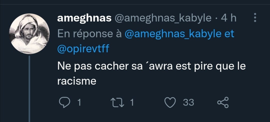 Mesdames et messieurs, je crois bien que nous avons là la PIRE excuse pour justifier du racisme (il insulte même les femmes de sa commu sur tiktok) @ameghnas_kabyle Tu peux nous dire ce que tu fumes exactement ?Non pcq si tu fumes pas alors là ça relève de la psychiatrie...