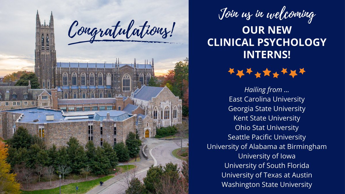 DukePsychiatry's tweet photo. We are *so* excited to welcome our 10 new clinical psychology interns! We can’t wait till they join us this summer, and we look forward seeing what these exceptional PhD students will bring to @DukeMedSchool & @DukeHealth! 🌟 🎉 🌟 #InternMatch #Match2022 https://t.co/GrBNxhf0Ca
