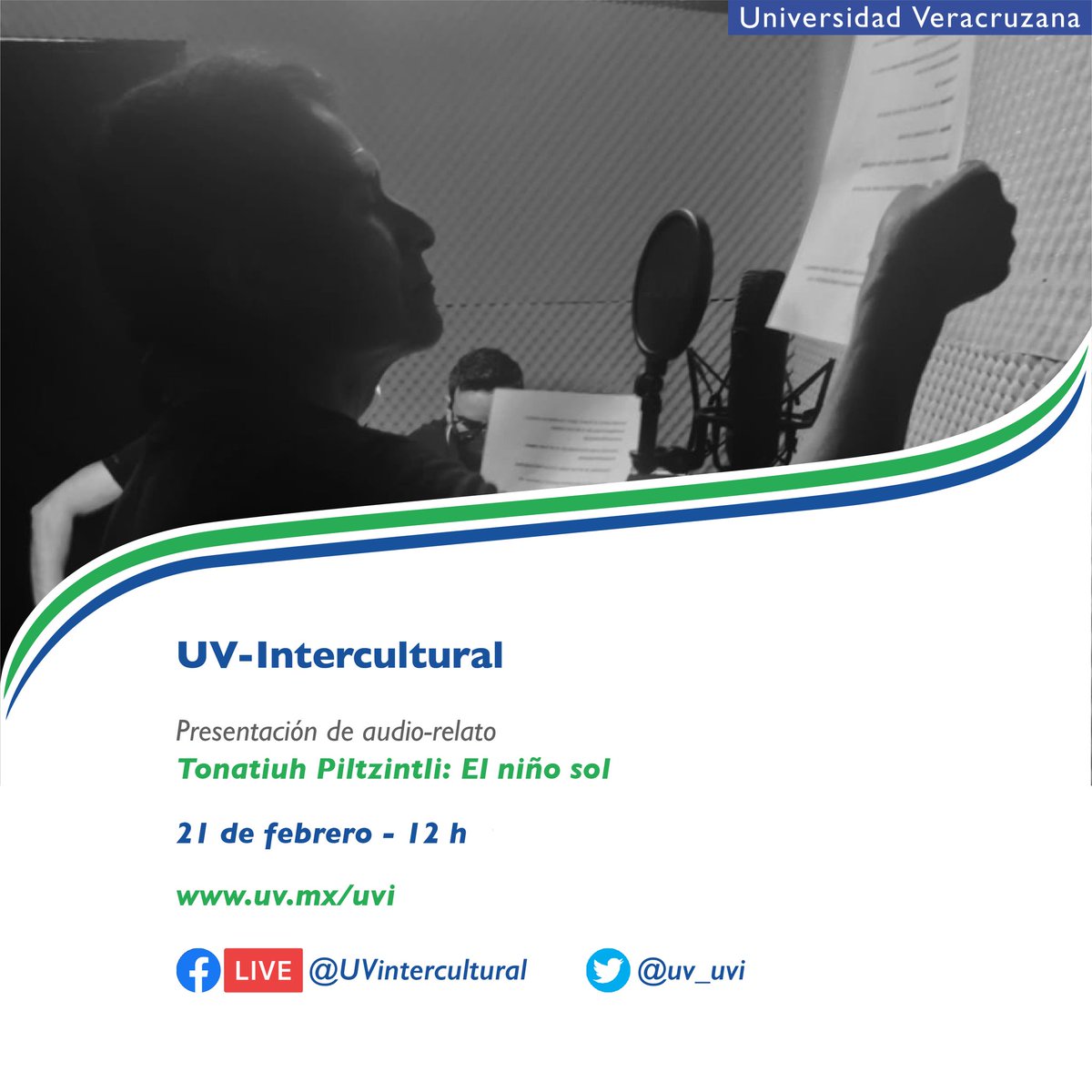 La <a href="/uv_uvi/">UV Intercultural</a> invita a la presentación del audio-relato “ Tonatiuh Piltzintli: El niño sol”, recopilado y traducido de la tradición oral al español por el nahuatini (nahuablante) Santos De la Cruz, grabado por hablantes y aprendices del idioma náhuatl.

21 febrero | 12 h | #FBLive