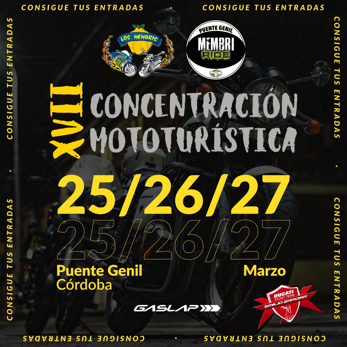 🔥XVII CONCENTRACIÓN MOTOTURÍSTICA 🏍

🗓 Del 25 al 27 de marzo
📍Puente Genil - Córdoba

🔝Organizada por Moto Club Los Membris
Feria de la Tapa @locosporelfoodtruck 🍔🌭🌮🥙

Y con el espectáculo de Stunt de <a href="/Emilio_Zamora/">Emilio Zamora</a> 🏍💨

ℹ Más info en gaslap.com 
🎟💻