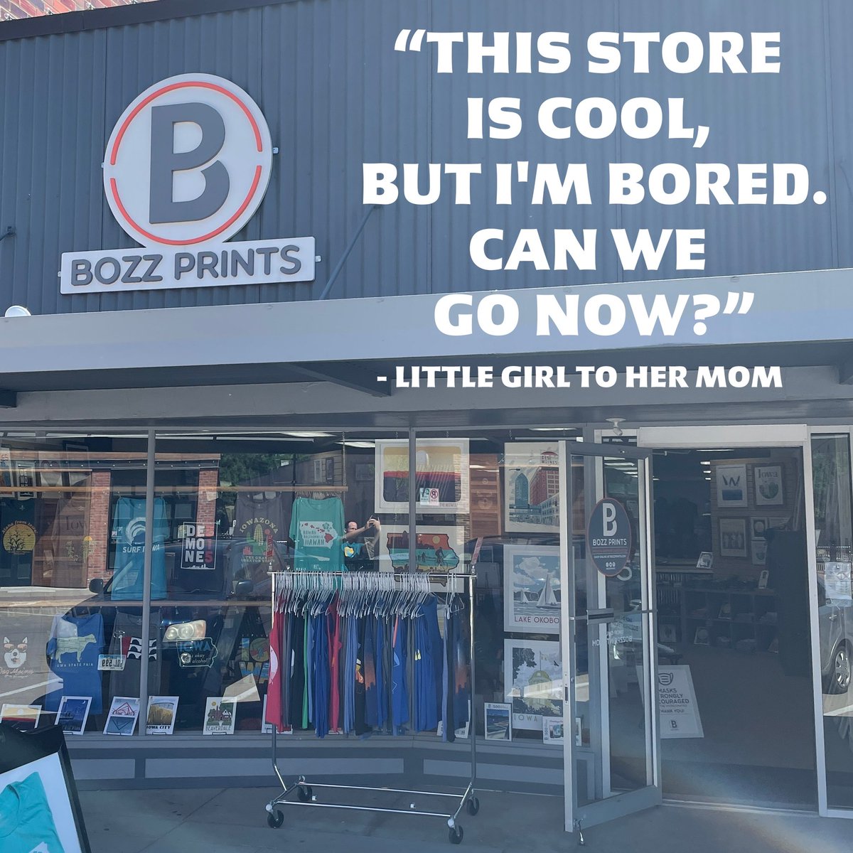 bozzprints's tweet photo. This very recent (and brutally honest) spoken-aloud review of the shop comes from a little girl that we estimate to be about 7 years old. Hey, at least she called us cool first! #valleyjunction #westdesmoines #desmoines #iowa #shopreview https://t.co/JlCuupdXjP