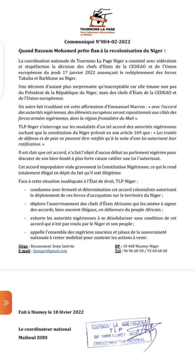 Communiqué de Presse sur redéploiement de #Barkhane au #Niger, nous disons non ⁦<a href="/mohamedbazoum/">Mohamed Bazoum</a>⁩ ⁦<a href="/EmmanuelMacron/">Emmanuel Macron</a>⁩ ⁦<a href="/JLMelenchon/">Jean-Luc Mélenchon</a>⁩ ⁦<a href="/Elysee/">Élysée</a>⁩ ⁦@Elysee2022⁩ ⁦<a href="/ecowas_cedeao/">Ecowas - Cedeao</a>⁩ ⁦<a href="/_AfricanUnion/">African Union</a>⁩ ⁦<a href="/UEFrance/">Commission européenne 🇪🇺</a>⁩ ⁦<a href="/TournonsLaPage/">Tournons La Page</a>⁩