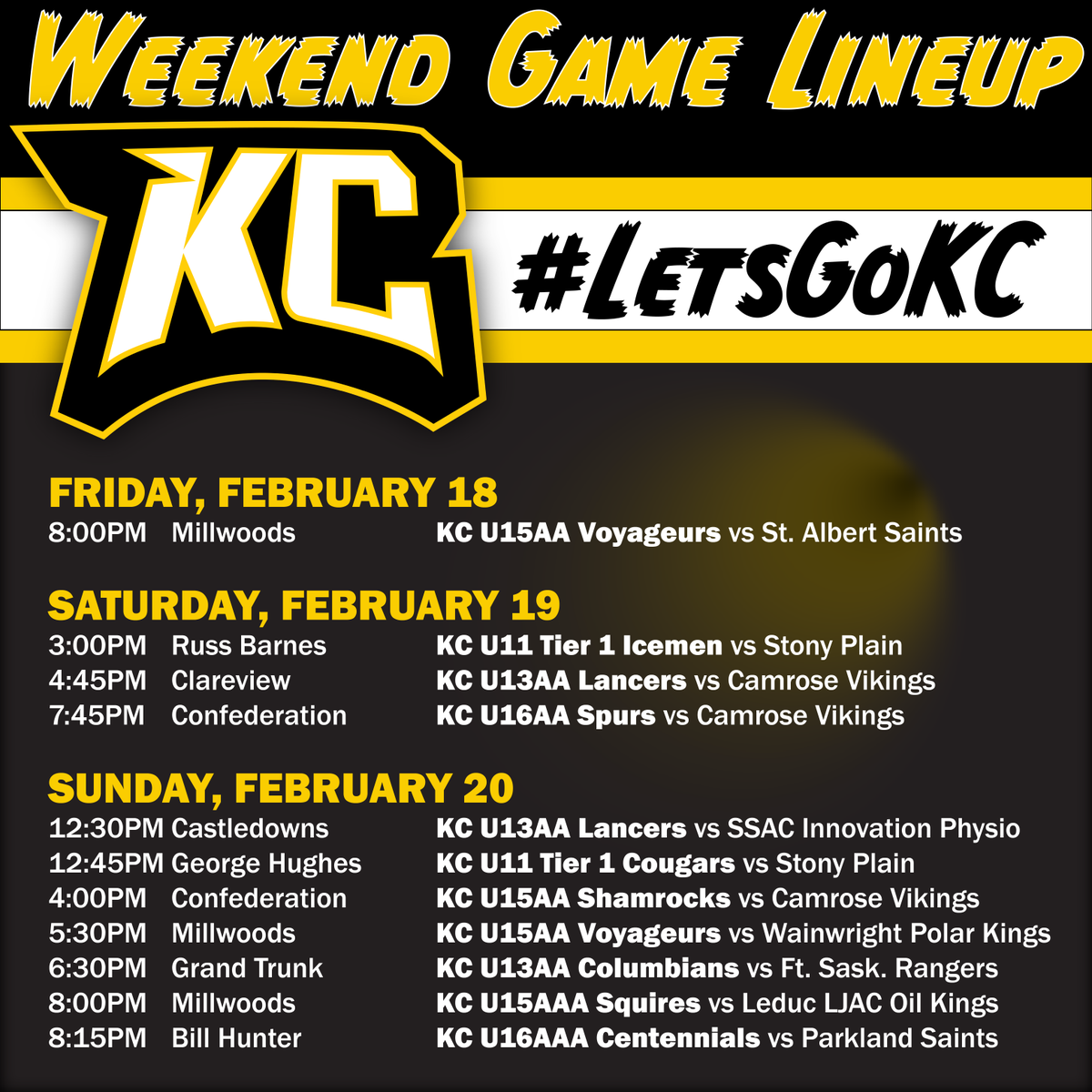 KofCHockey's tweet photo. Jam packed weekend of KC hockey as we get into the homestretch of our seasons, with a  Seven-Game-Sunday featuring tilts for our Lancers, Cougars, Shamrocks, Voyageurs, Columbians, Squires, and Centennials. #LetsGoKC #KCForever #clubhockey https://t.co/uYOhtmTnxb