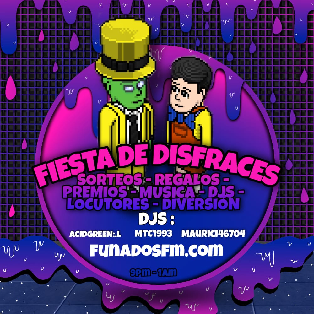RadioFunadosFm's tweet photo. ¡¡Es hoy,es hoy!!
Esta noche tienen una cita con nosotros🤫 🧝‍♀️FIESTA DE DISTRACES🦹 Prepara tu mejor look. 
Dj: @acidgreenhb @MTC1993_ 
Con invitados especial. 
@ZohartA IMPERIO ZELTA😲.
Los esperamos en https://t.co/QlAg45tSIP 
9pm hra mex, 10pm hra Colombia 🤩creado x MTC🤪 https://t.co/elinA9v51m