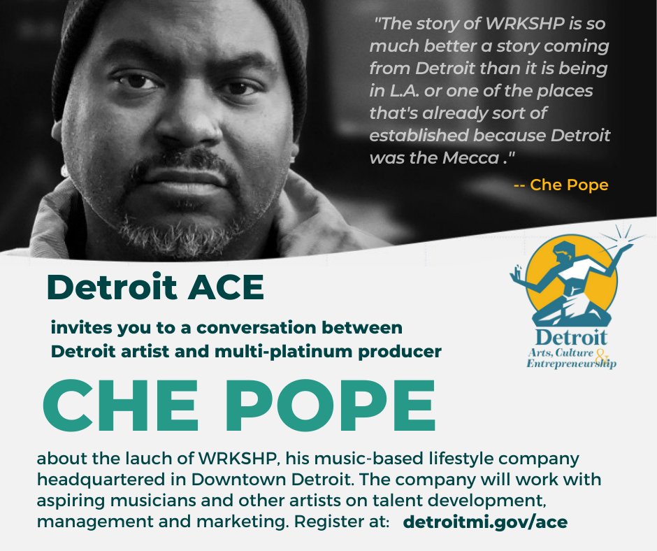 rochelleriley's tweet photo. Join #DetroitACE at 6 p.m. sharp Monday for a conversation between local Detroit artists and #ChePope, the Grammy-winning producer who is joining Dan Gilbert to open WRKSHP in Detroit! Register at https://t.co/F00BgndvY6.
https://t.co/QUCozcB3DK https://t.co/J6iy1EDxbE