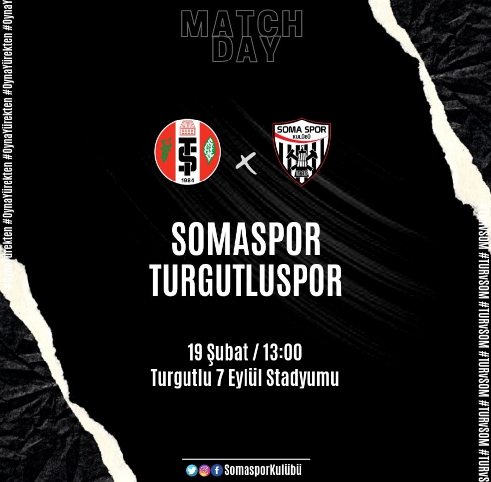 #MaçGünü
🆚 Turgutluspor / Somaspor'umuz
📆 19 Şubat 2022 / Cumartesi  | 13:00
🏟 Turgutlu 7 Eylül Stadyumu 
#OynaYÜREKTEN #Somaspor #Siyahİnciler #TURvSOM