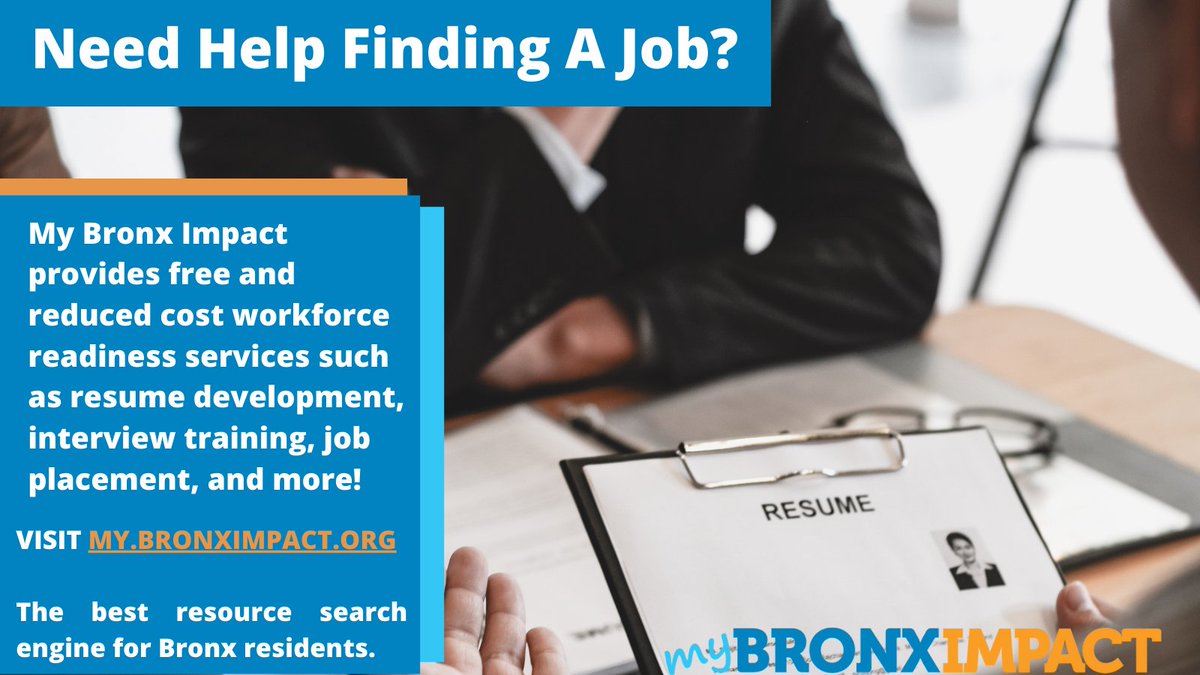 mybronximpact's tweet photo. Workforce readiness is about more than just education! My Bronx Impact is highlighting programs that serve Bronx residents in securing skills and trainings that will help you stand out during an interview and on the job. Go to https://t.co/h4sz2SIJWM to learn more, link in bio! https://t.co/nxu0V9H0Ni