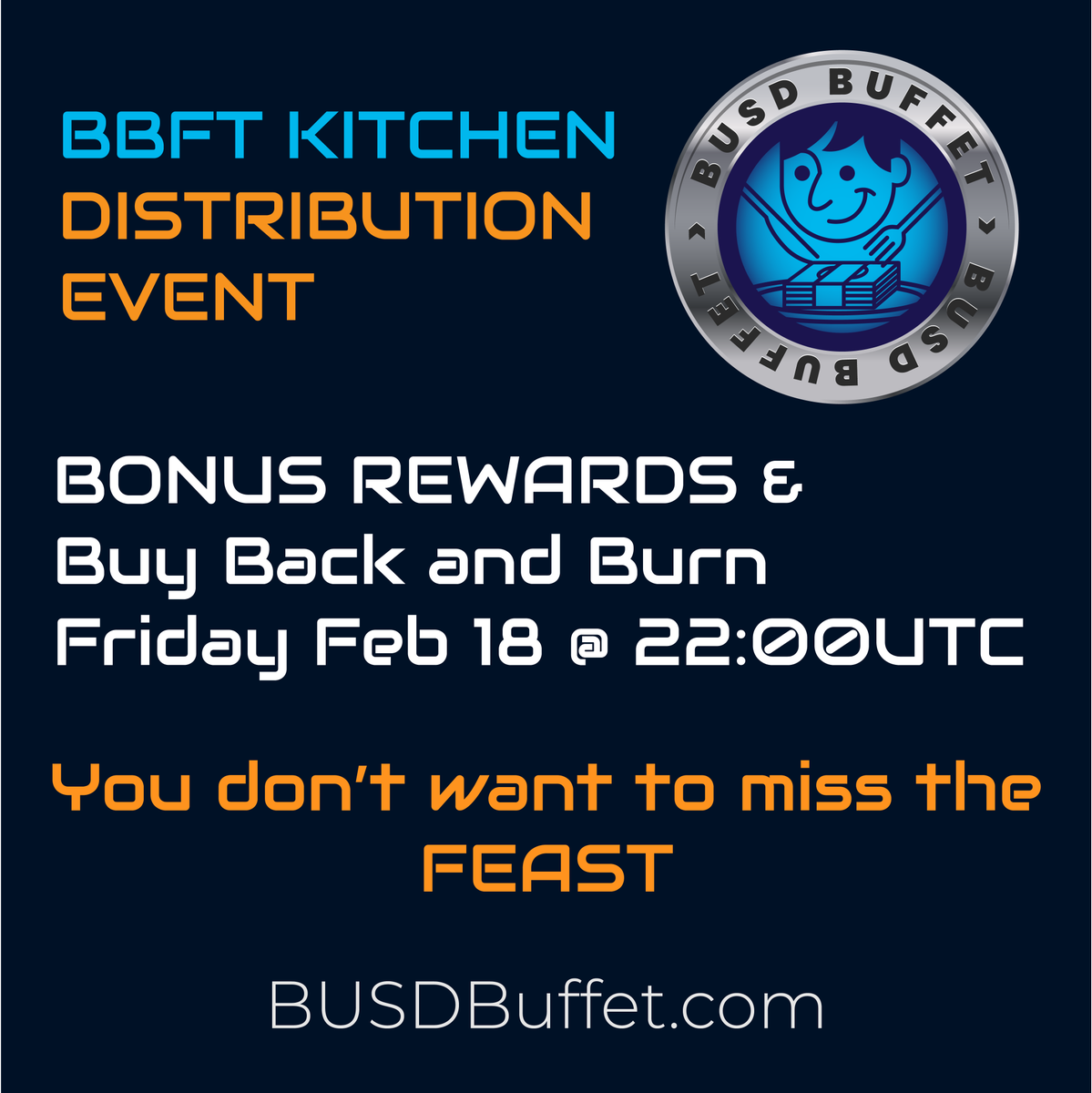 BUSDBuffet's tweet image. 💎BDE Starts in less than an hour! 

We will also be sending an additional 💲10 BNB💲 to holders as a celebration. Be a part of history!

📱Buy BBFT
buff.ly/3uWIHGl

📣Join the BDE livestream
buff.ly/3BwOK5y

#BUSDBuffet #DeFi #crypto #BUSD #Binance #BSC #BSCGem