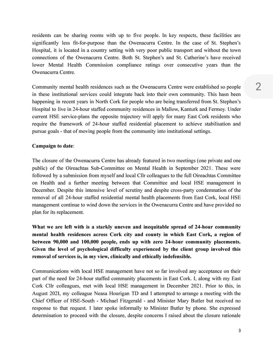 1/3) Yet another submission to another Oireachtas Committee on the closure of the Owenacurra Centre. Despite numerous appeals to gov't &amp; cross-party condemnation by the Oireachtas Health Committee all 24-hour staffed mental health placements are being removed from East Cork...