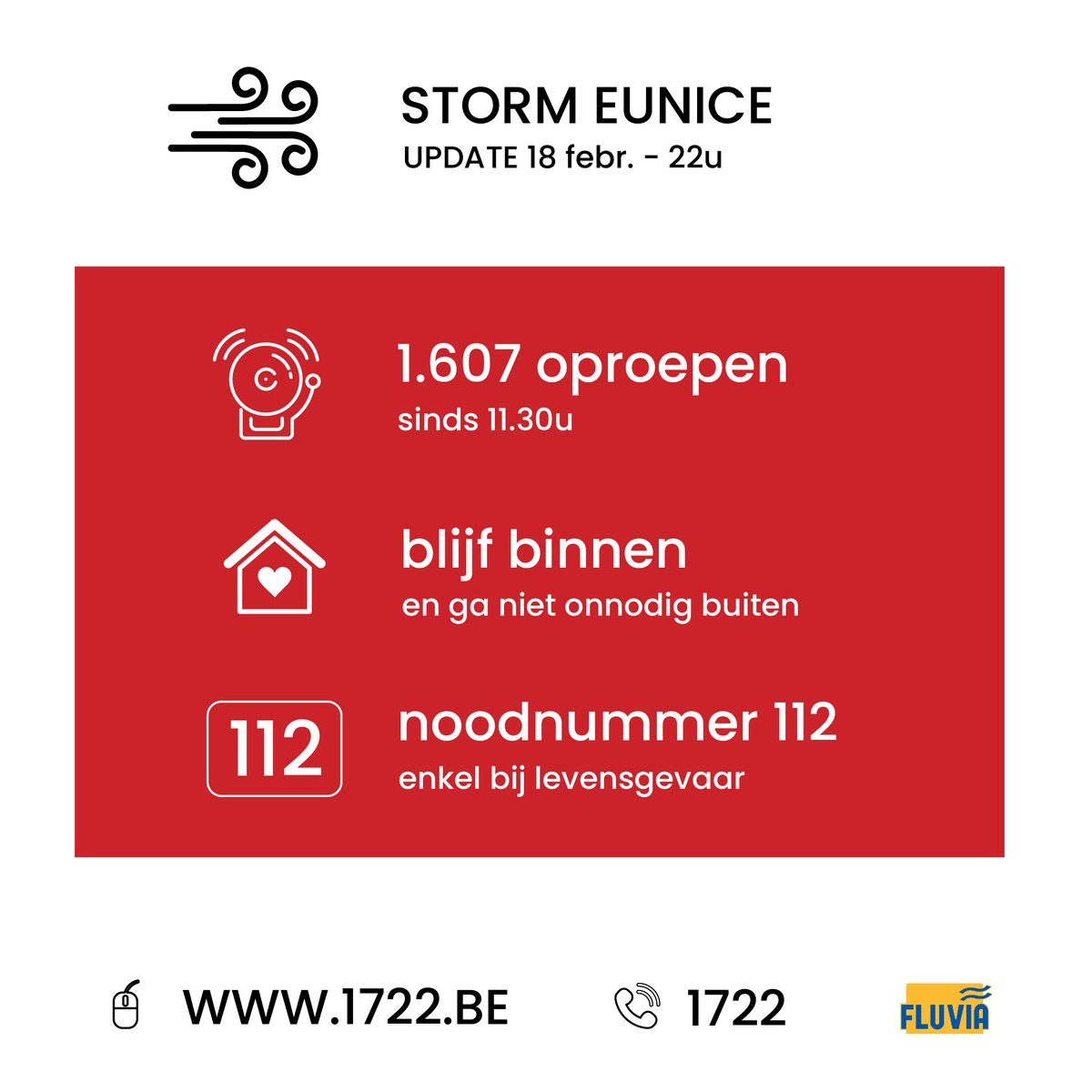 💨UPDATE 22u 

1.607 oproepen! We helpen graag, maar lukt het ons niet om al die interventies nu af te werken. 

Voor de nacht bouwen we even af om dan morgen bij daglicht en in veilige omstandigheden onze activiteiten te hervatten. 

Updates: hvzfluvia.be/storm-eunice

#eunice