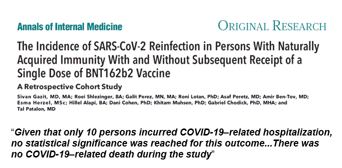 andrewbostom's tweet image. 1/No clinical benefit of C19 vaxxing 36-38 ± 17yos w/prior infection: Delta wave Israeli obs study (full cohort ~107K) unvaxxed with prior infection vs. vaxxed with prior infection recorded only 10 C19 hospitalizations (“diff” not calculable), &amp;amp; ZERO C19 deaths in ~107K cohort