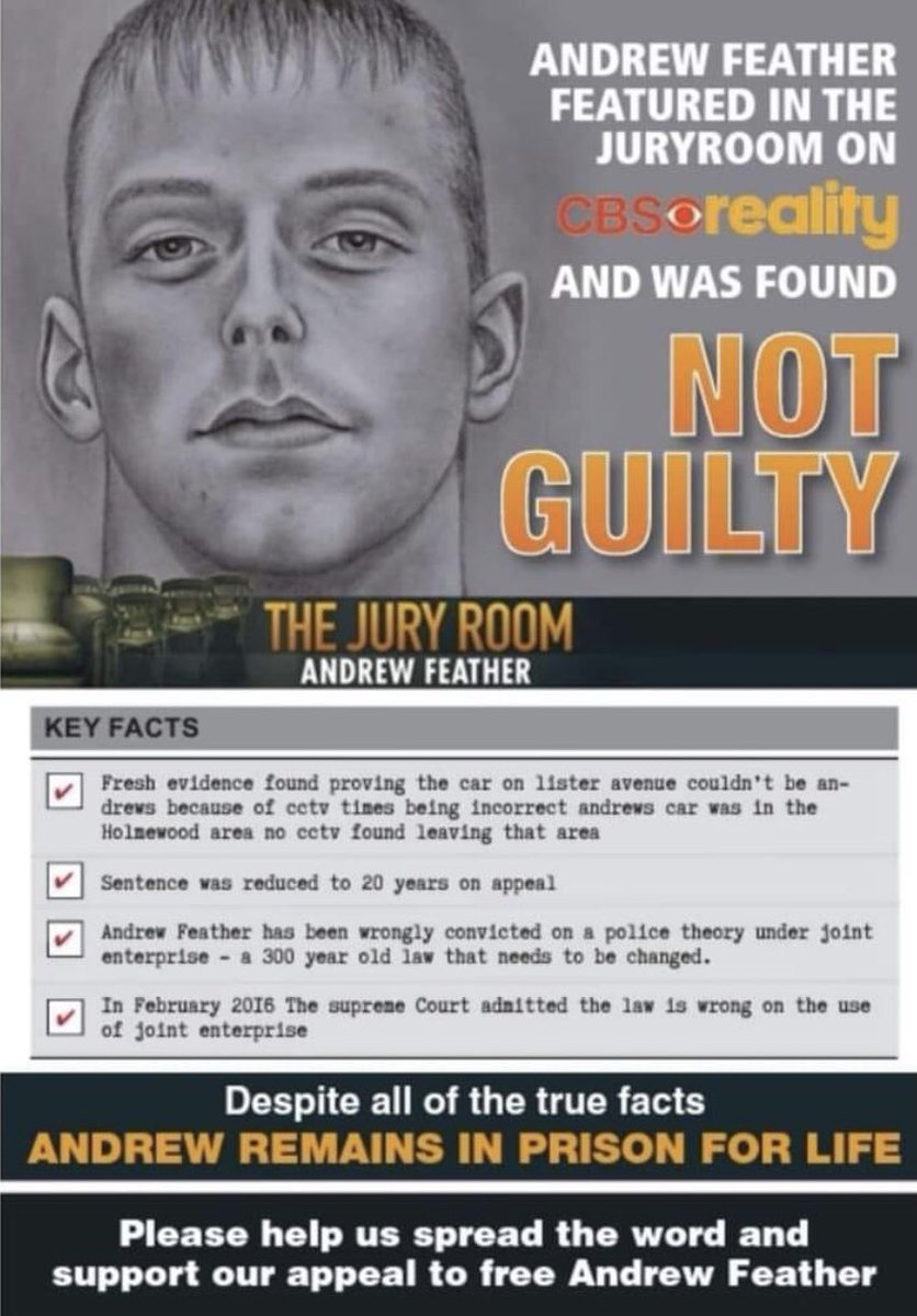 InterSol32's tweet photo. #Justice for #AndrewFeather #innocent convicted under #JointEnterprise . It’s time to repeal law of joint enterprise and review all convictions secured under this perverse law  @snobs125 @JENGbA @Jliffe #FREEDOM https://t.co/lP8mXAptoR