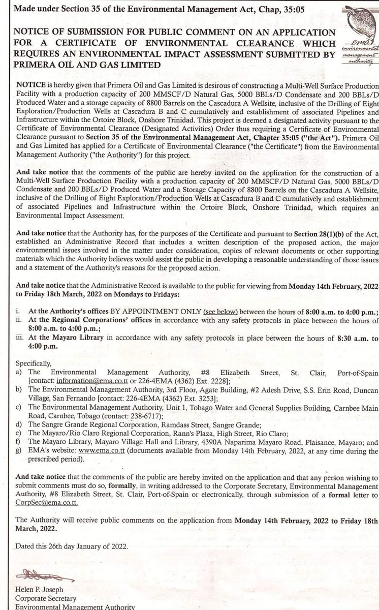ffostt1's tweet photo. Copy of the EIA for Public Comment can be found on the EMA Website - https://t.co/crlJiHOLfR

CEC Application submitted by Primera Oil and Gas Limited for the purpose of constructing a Multi-Well Surface Production Facility within the Ortoire Block, onshore Trinidad. https://t.co/KGICYesHzN