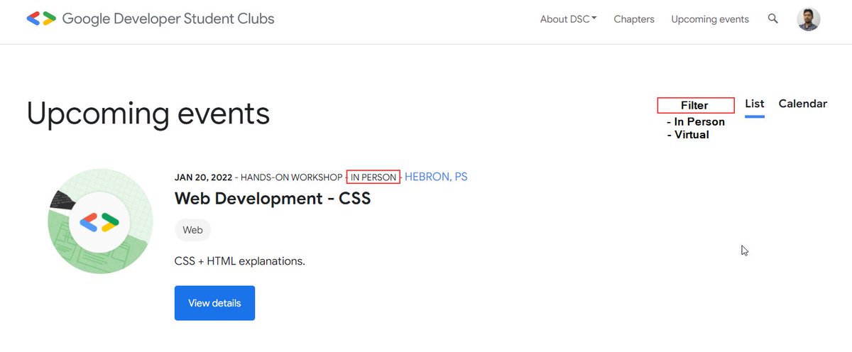 GonzagaMoises's tweet image. @googledevs Hi team! Is there any chance that we could put a filter to see the upcoming events whether is &quot;In-Person&quot; or &quot;Virtual&quot;? That could improve the experience in case I just want to see(and register for) Virtual events. #googledevelopersstudentclub