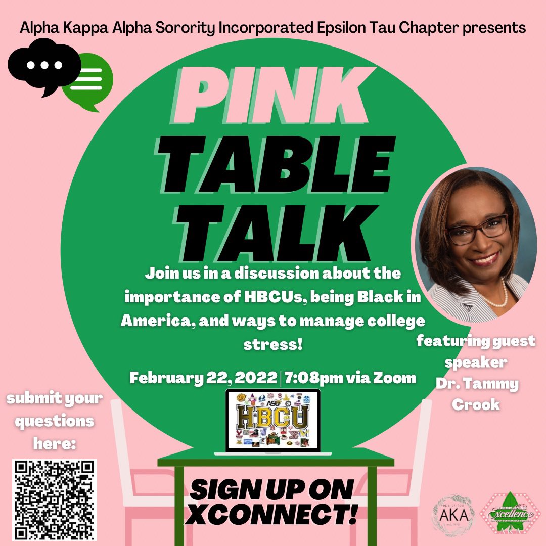 EpsilonTauAKA's tweet photo. Join the ladies of Epsilon Tau for our first ever #PinkTableTalk! 🥰

We LOVE our H in front of our B, our B in front of our C… all we need is U! This event is an informal conversation about HBCUs, being Black in America, &amp; maintaining college stress. https://t.co/U8FrKLQNaW