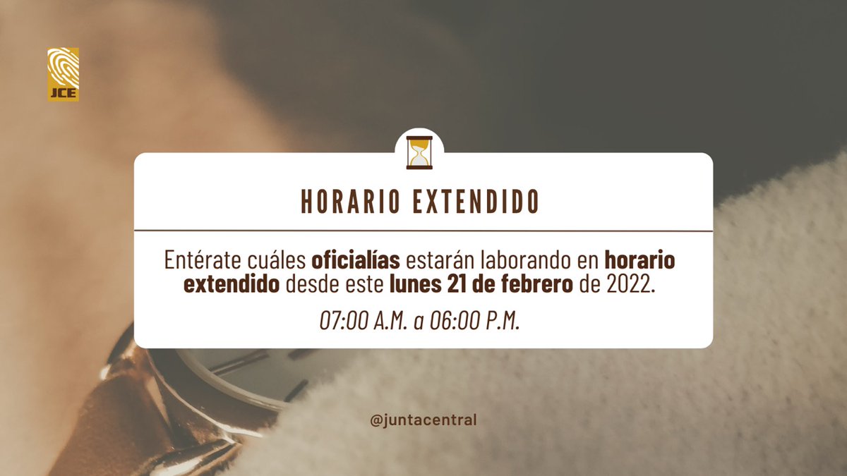 A partir de este 𝐥𝐮𝐧𝐞𝐬 𝟐𝟏 𝐝𝐞 𝐟𝐞𝐛𝐫𝐞𝐫𝐨 𝐝𝐞 𝟐𝟎𝟐𝟐 estarán laborando en 𝐡𝐨𝐫𝐚𝐫𝐢𝐨 𝐞𝐱𝐭𝐞𝐧𝐝𝐢𝐝𝐨 y hasta nuevo aviso, de lunes a viernes 𝐝𝐞 𝟕:𝟎𝟎 𝐚.𝐦. 𝐚 𝟔:𝟎𝟎 𝐩.𝐦. las siguientes oficialías:

📍1ra. Circ. D.N. (C/ Danae esq. Santiago)

Sigue ⬇️