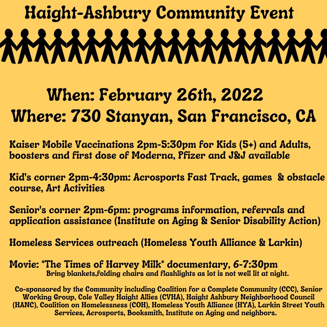 TheCoalitionSF's tweet photo. Join the Haight-Ashbury neighbors for a community event February 26th at 730 Stanyan to show support for the lot’s interim use for homeless services and other community serving activities until construction begins. 🎉 https://t.co/EAQfQCoPec