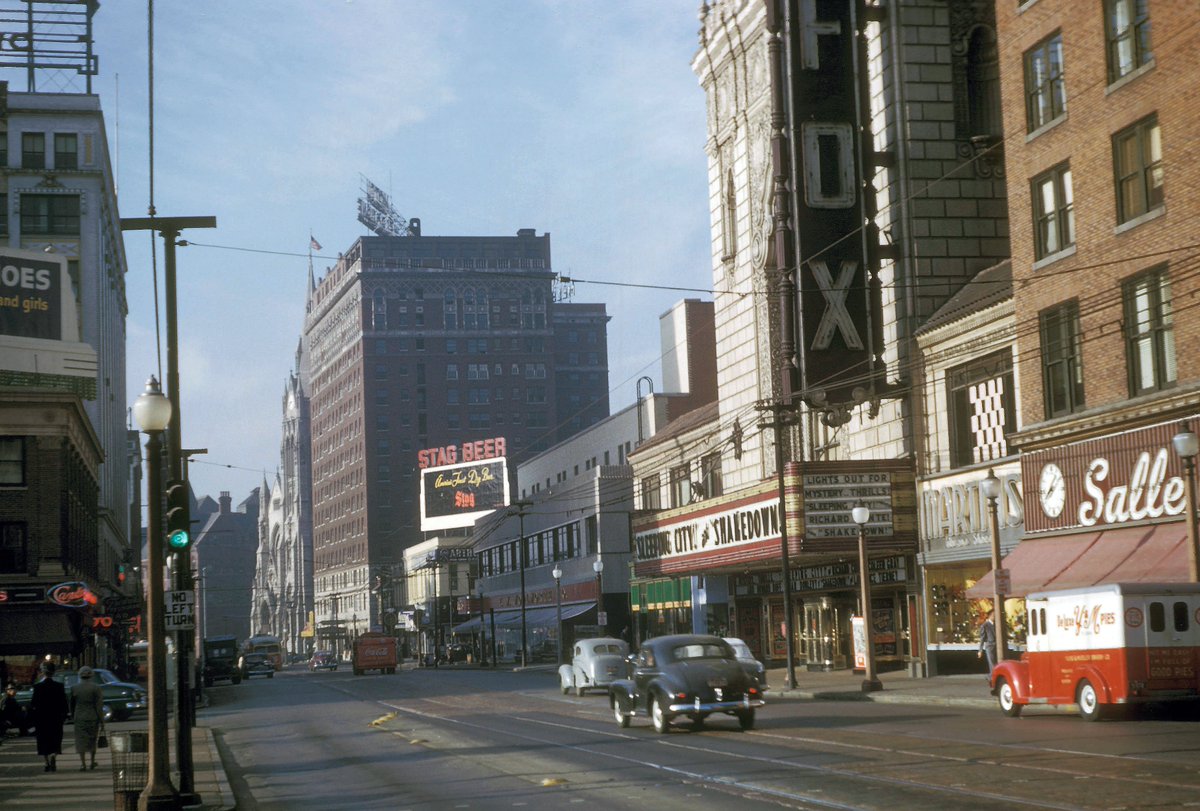 📸 Saint Louis, street scene near Fox Theater- Outlying Business Center, Grand and Olive, St. Louis, Mo. 1950/10 #kodak #colorslides #kodachrome #35mm © Mayer Harold from university of wisconsin uwm libraries