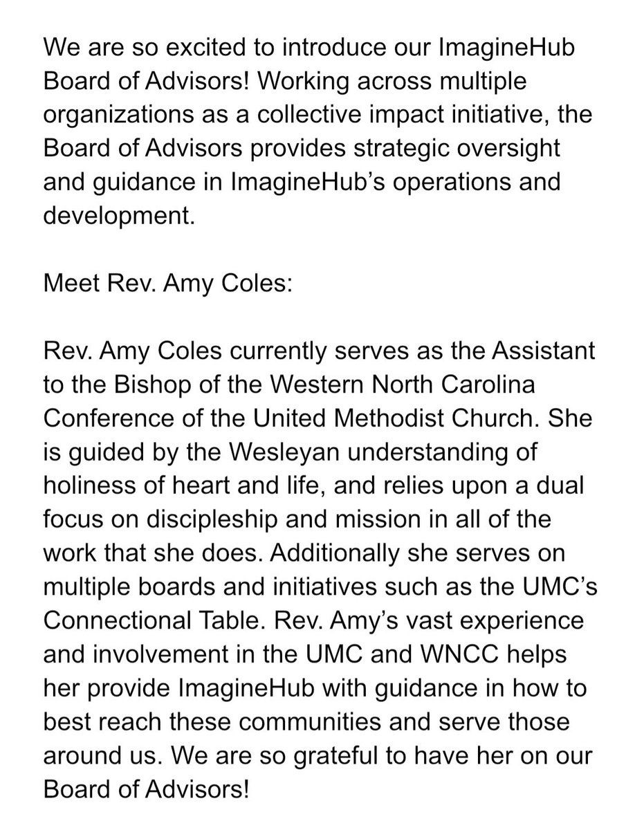 ImaginehubU's tweet photo. We are so excited to introduce our ImagineHub Board of Advisors! Working across multiple organizations as a collective impact initiative, the Board of Advisors provides strategic oversight and guidance in ImagineHub’s operations and development. 

Meet Rev. Amy Coles: https://t.co/dxtHc2aeWE