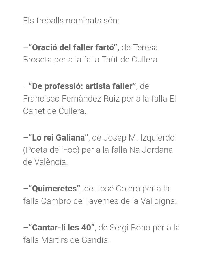 Un any més estarem a la gala de…

LLETRES FALLERES‼️

El poema “Quimeretes” del gran Jose Colero és finalista del premi Malva a la millor poesia satírica.

<a href="/LletresFalleres/">Lletres Falleres</a>