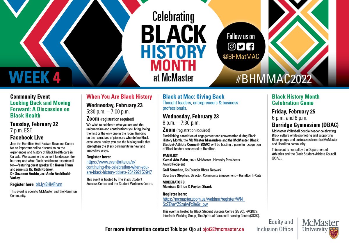 Black History Month @ McMaster University (@bhmatmac) on Twitter photo Events happening Week 4 of #BHM at <a href="/McMasterU/">McMaster University</a>.
Feb 22: Looking Back and Moving Forward
Feb 23: When You are Black History
Feb 23: Black at MAC: Giving Back
Feb 25: Celebration Games
For more information and to register, click the link in bio! Events happening Week 4 of #BHM at <a href="/McMasterU/">McMaster University</a>.
Feb 22: Looking Back and Moving Forward
Feb 23: When You are Black History
Feb 23: Black at MAC: Giving Back
Feb 25: Celebration Games
For more information and to register, click the link in bio!