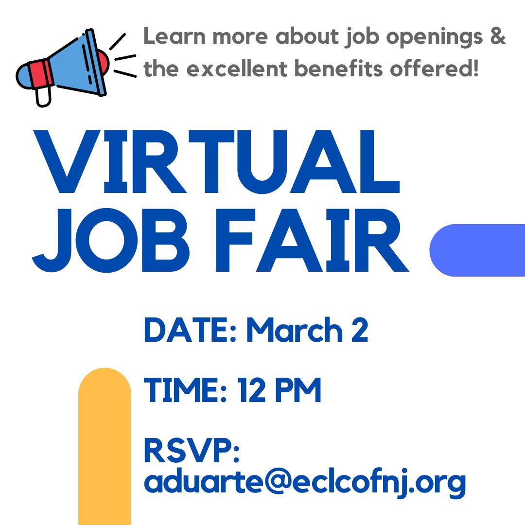 Join our Virtual Job Fair on 3/2 at 12PM! We’re seeking teachers, aides &amp; a social worker for our special-needs schools &amp; full- and part-time staff in our adult day program! We provide great benefits! RSVP to aduarte@eclcofnj.org for the Zoom link.